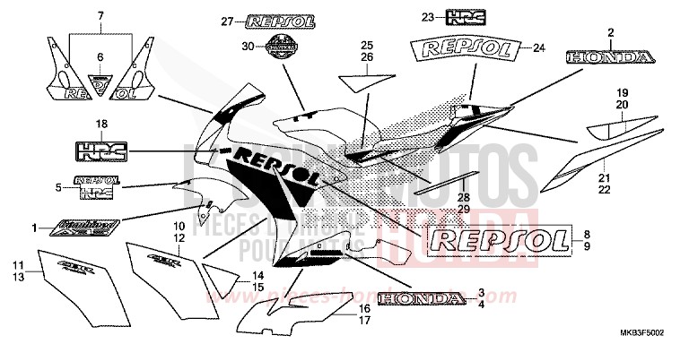RAYURE/MARQUE (3) de CBR1000RR "Fireblade" VIBRANT ORANGE (YR250X) de 2016
